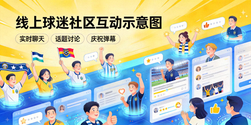 线上球迷社区互动场景 - 众多球迷在虚拟社区中交流庆祝的示意图